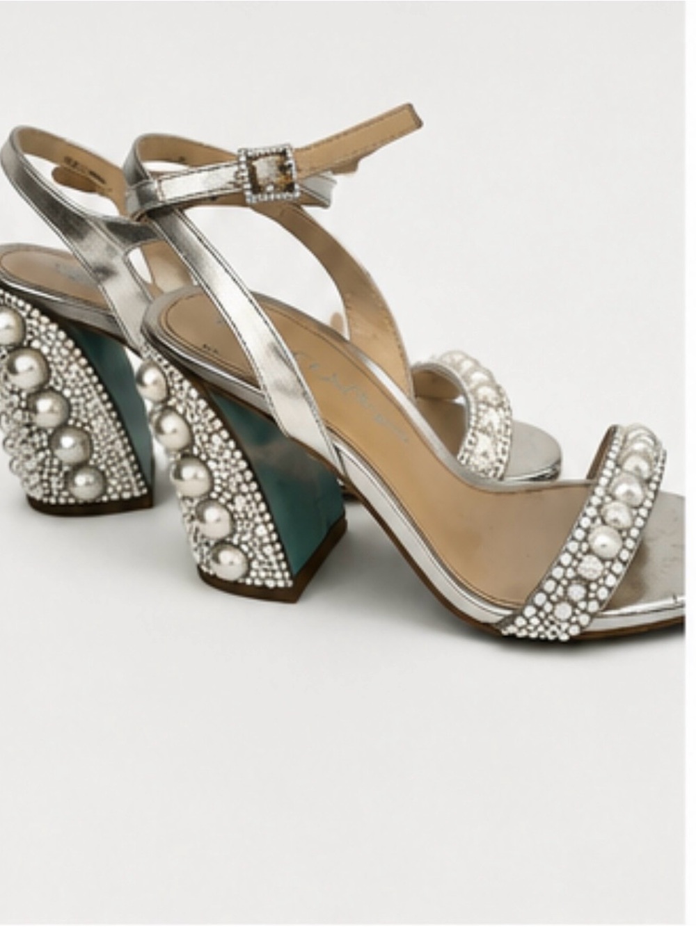 Betsey Johnson Silver Pearl & Crystal Block Heel Sandals